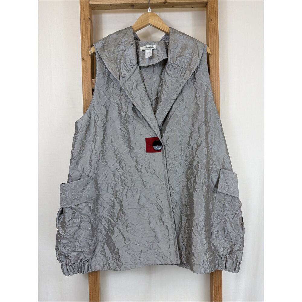 NWT Moonlight Gray Pockets 1 Button Closure Crinkle Long Vest #1424 Size XL